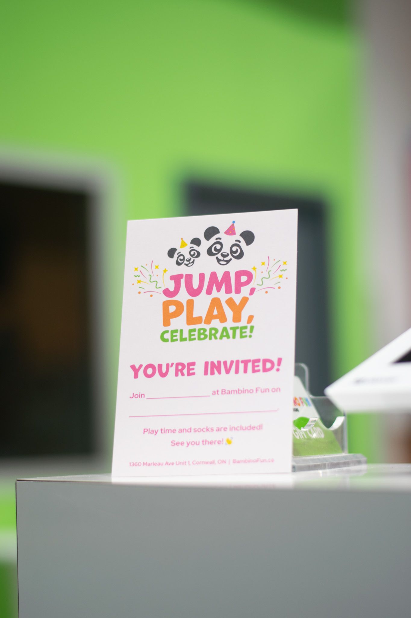 Bambino Fun birthday invitations. "Jump, Play, Celebrate! You're Invited!"