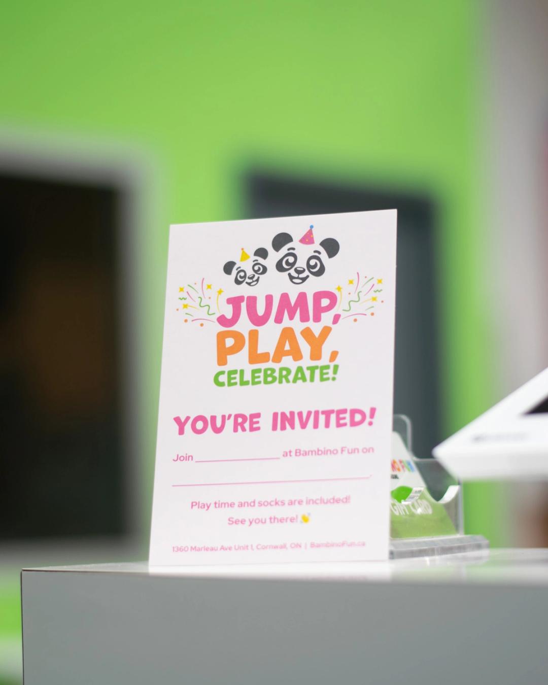 Bambino Fun birthday invitations. "Jump, Play, Celebrate! You're Invited!"