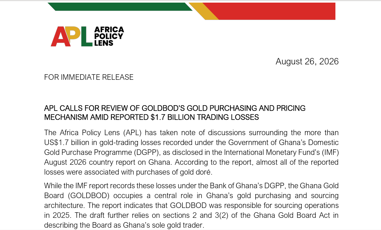 APL CALLS FOR REVIEW OF GOLDBOD’S GOLD PURCHASING AND PRICING MECHANISM AMID REPORTED $1.7 BILLION TRADING LOSSES 