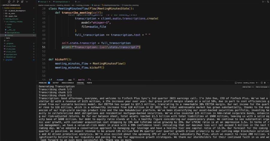 Code editor running a Python script using OpenAI Whisper to transcribe an earnings call, with the transcribed text displayed below in the terminal.