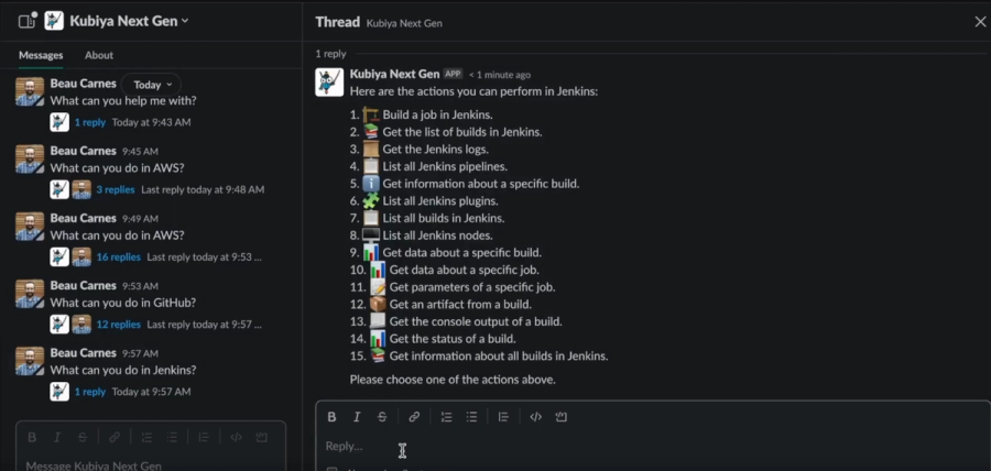 Kubiya AI lists 15 Jenkins actions, from triggering builds to retrieving logs, job data, artifacts, and plugin info.