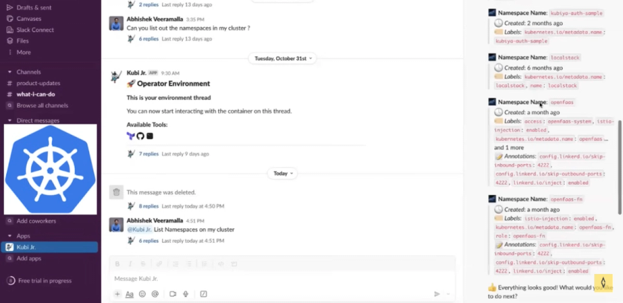 Slack thread showing Kubiya's AI assistant listing Kubernetes namespaces in response to a user query, displaying detailed metadata for each namespace.