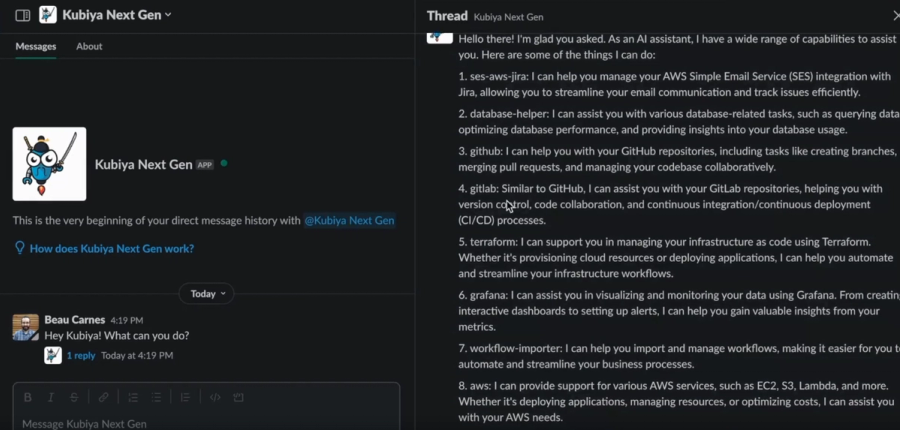 Kubiya AI assistant responds with 8 automation capabilities for DevOps workflows, including GitHub, GitLab, Terraform, Grafana, and AWS support.   