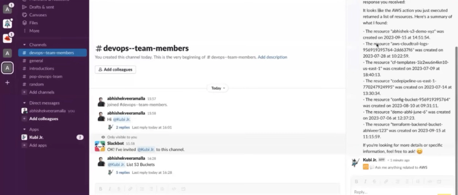 Slack conversation showing Kubiya AI agent responding with AWS resource creation details in a DevOps team channel.