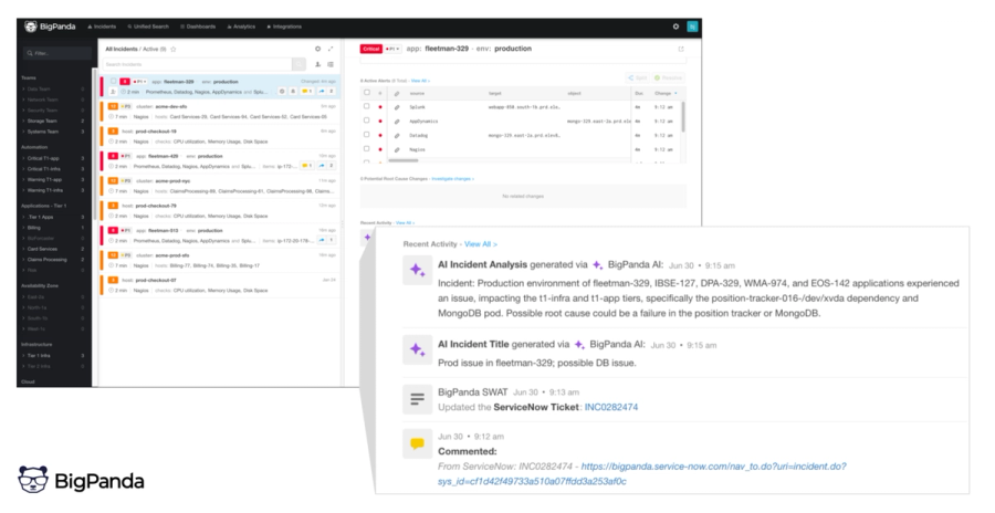 BigPanda auto-generates incident insights, root cause summaries, and updates ServiceNow tickets to streamline ops response.