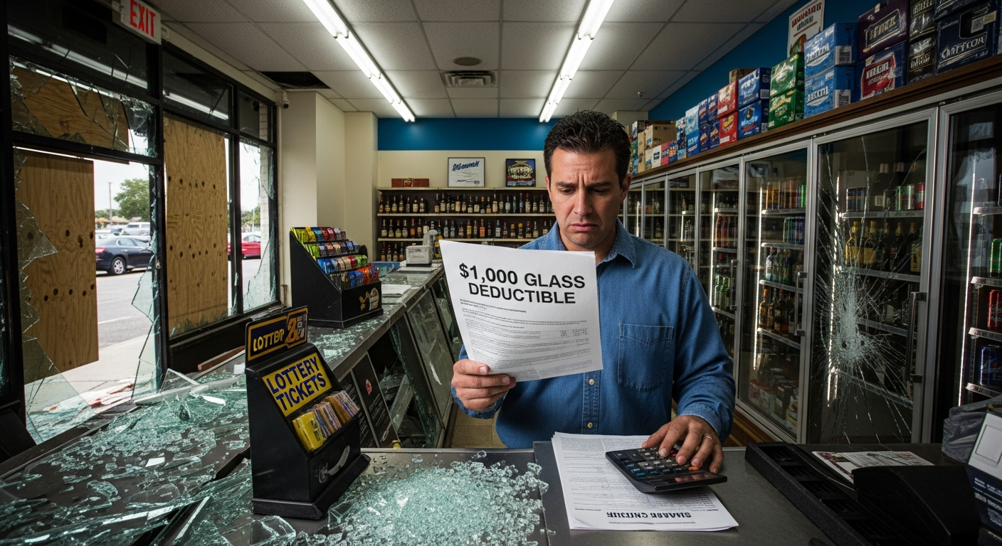California liquor store storefront showing extensive glass windows and doors that require insurance protection