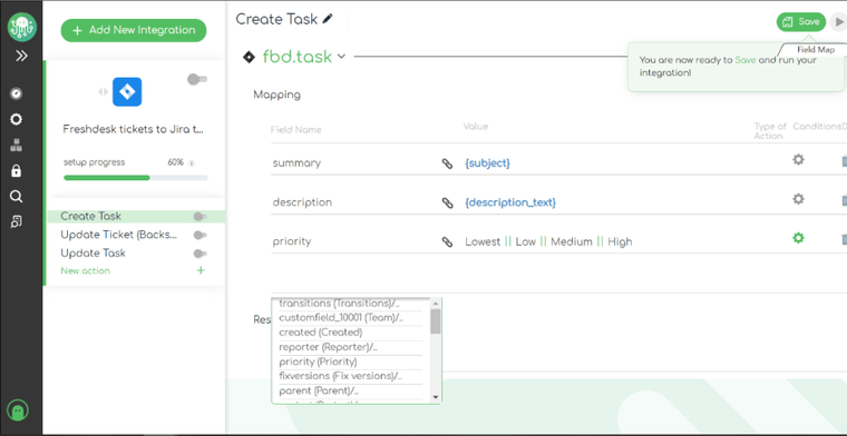 Spanshot of ZigiOps Jira Freshdesk inetgration template - mapping fields and values in creating task
