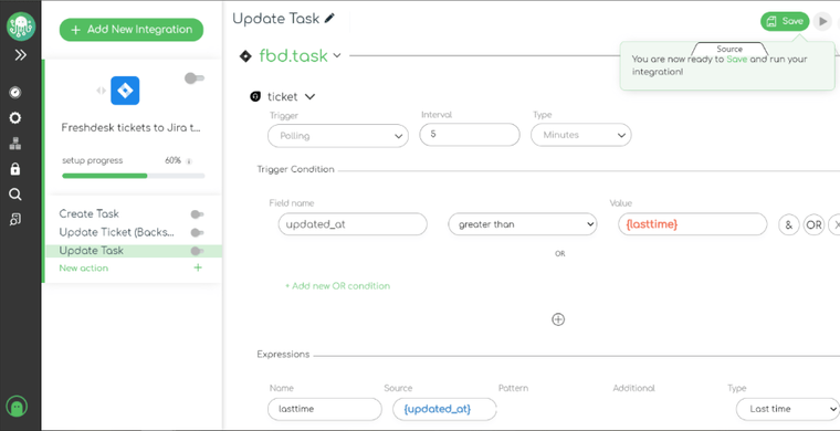 Snapshot of ZigiOps Freshdesk Jira integration template - expressions in updating task action