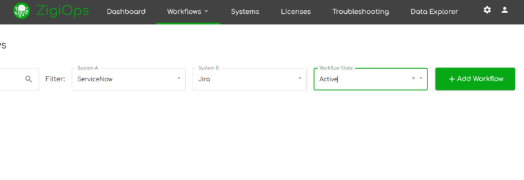 ZigiOps web console showing the Add Workflow view, where ServiceNow and Jira are selected as connected systems.