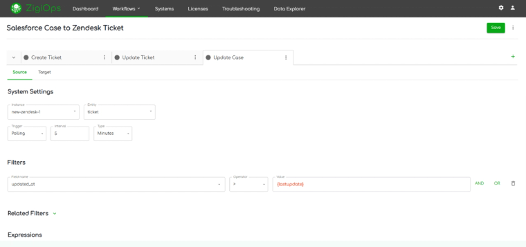 screenshot of zigiops - update salesforce case (source tab)