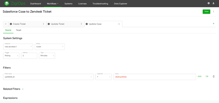 screenshot of zigiops - update salesforce case (source tab)