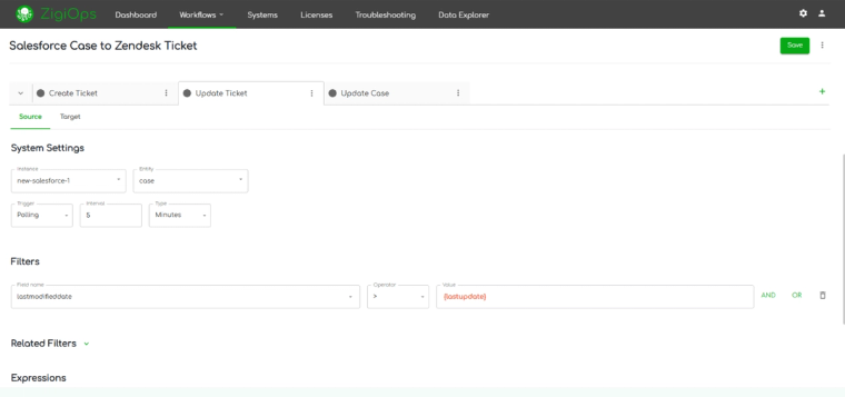 screenshot of zigiops - update zendesk ticket (source tab)