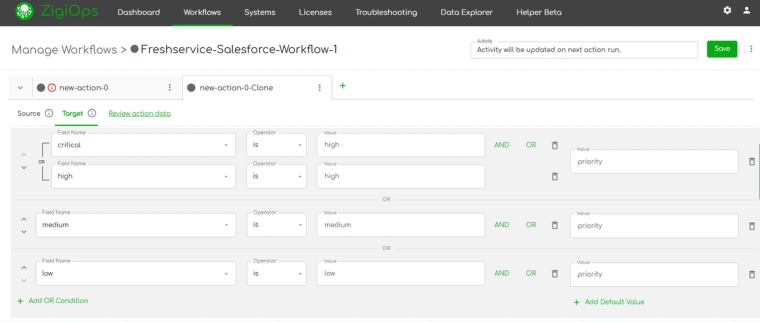ZigiOps no-code interface showing Freshservice to Salesforce field mapping configuration.