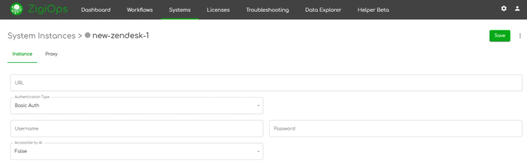 ZigiOps connected system configuration screen for Zendesk