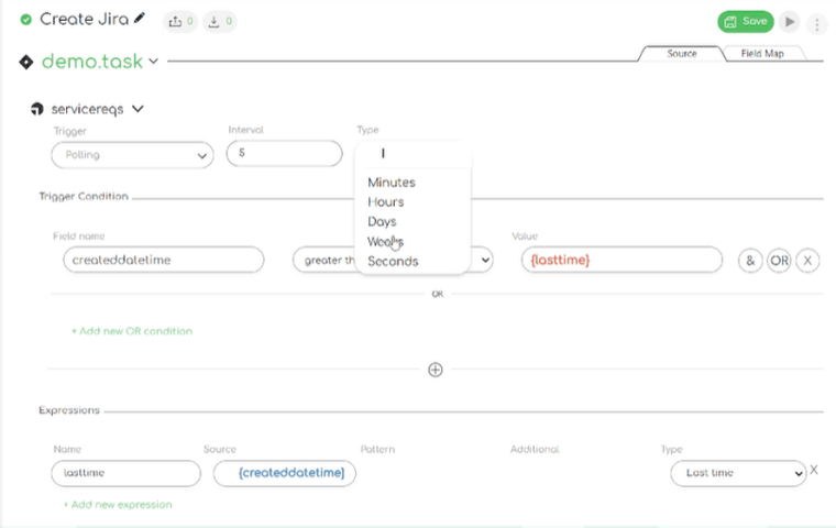 Close up screenshot of the Ivanti to Jira integration template: creating jira task trigger interval