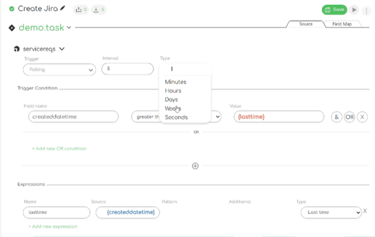 Close up screenshot of the Ivanti to Jira integration template: creating jira task trigger interval
