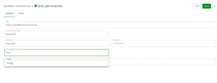 ZigiOps UI showing a system instance with “Accessible by AI” set to true, generating a secure MCP endpoint link.