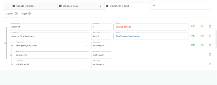 screenshot of ZigiOps Jira to ServiceNow integration mapping field on updating incident