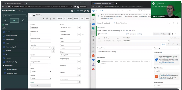ZigiOps ServiceNow Azure DevOps integration: ServiceNow and Azure DevOps instances