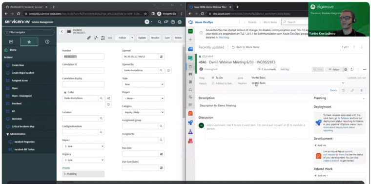 ZigiOps ServiceNow Azure DevOps integration: ServiceNow and Azure DevOps instances