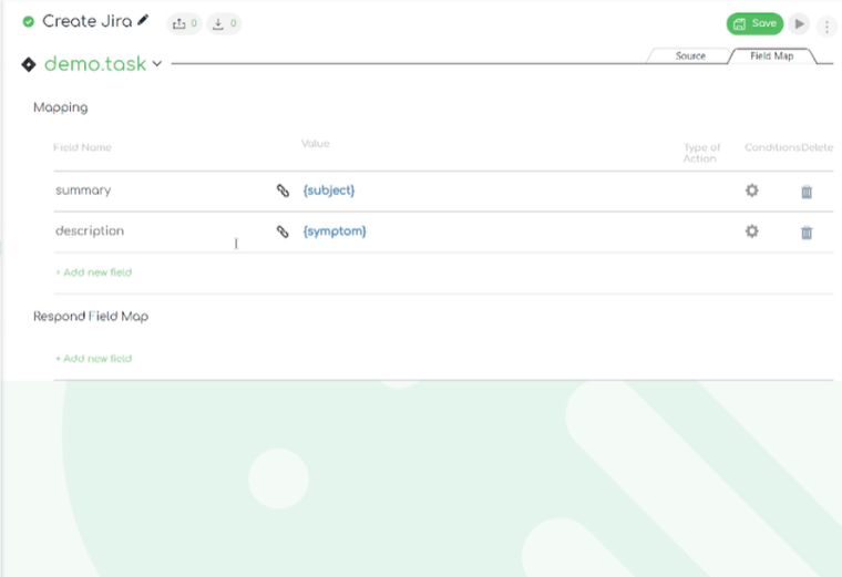 Close up screenshot of the Ivanti to Jira integration template: creating jira task – mapping fields