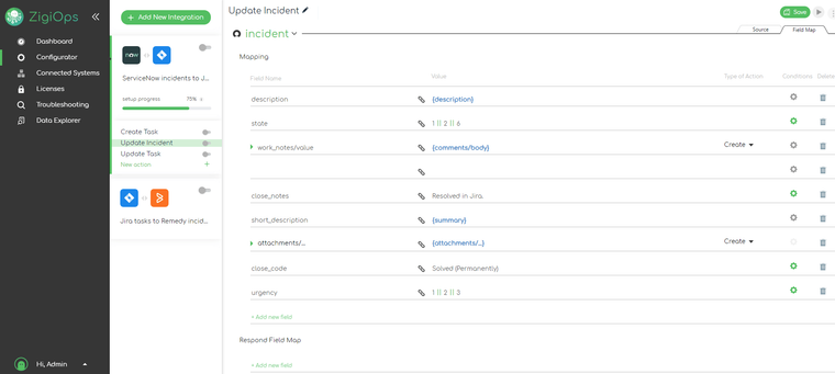 ZigiOps-UI:-Jira-task-to-Remedy-incident-template-with-incident-update-featuring-the-field-mapping-options-and-values