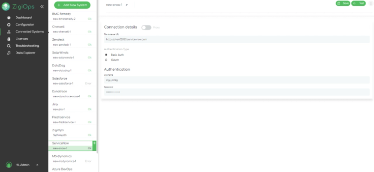 ZigiOps no-code platform- connecting to ServiceNow system