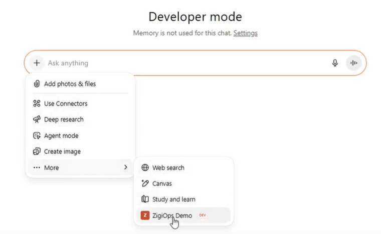 Activating the ZigiOps MCP provider inside a ChatGPT conversation to allow real-time enterprise data queries