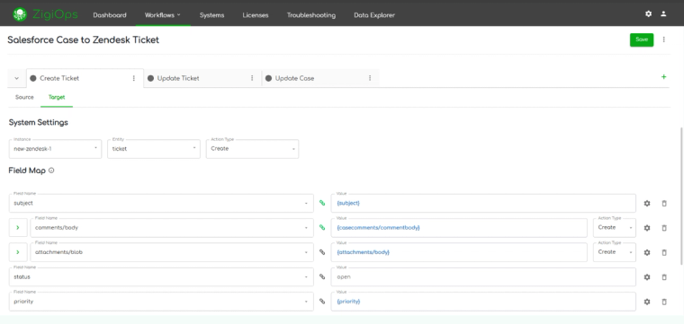 zigiops screenshot of creating ticket action - target field
