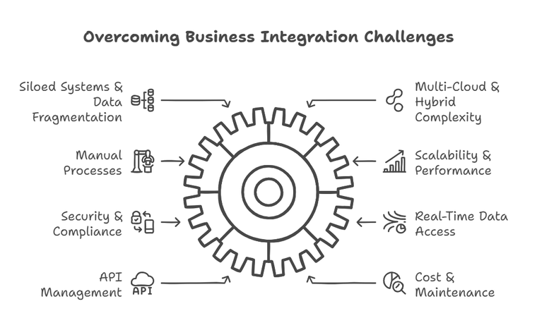 Black and White Diagram with wheel, showcasing some Challenges with Integrations