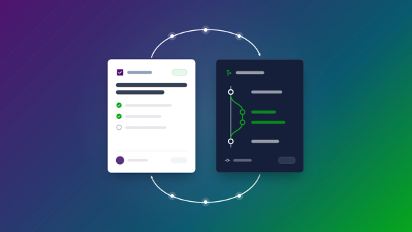 Two abstract work-item cards connected by a two-way sync loop