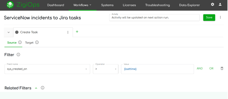 ZigiOps trigger configuration screen with conditional rules to sync only new or updated ServiceNow incidents.