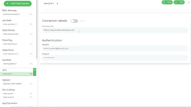Screenshot of the ZigiOps board with the connecting details to the Atlassian Jira