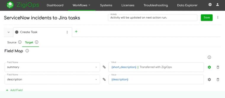 Field mapping configuration in ZigiOps for ESM integration between ServiceNow and Jira