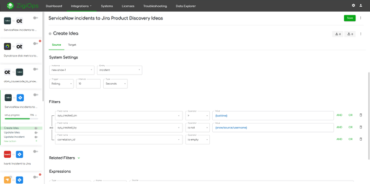 Jira Product Discovery to ServiceNow integration template ideas action filters