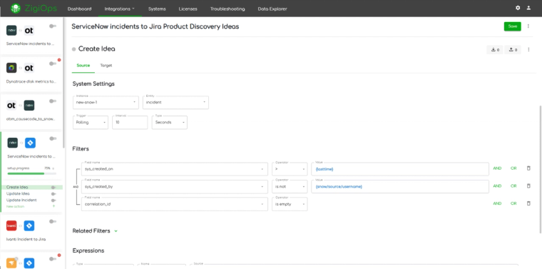 Jira Product Discovery to ServiceNow integration template ideas action filters