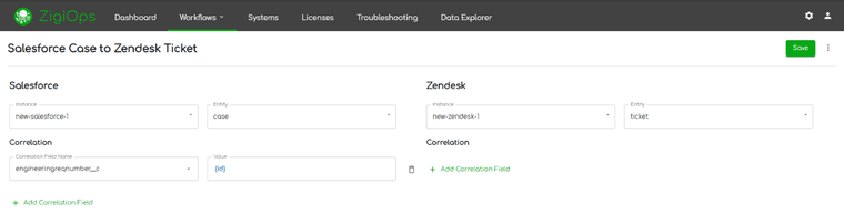 screenshot of zigiops - salesforce and zendesk fields and boxes