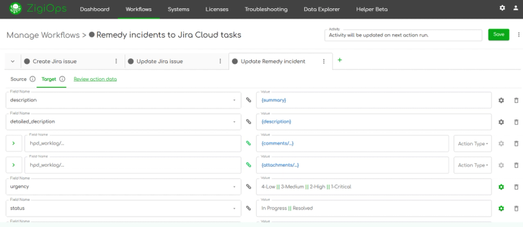 ZigiOps integration template for Jira BMC Remedy integration showing conditional field mapping in the guided UI