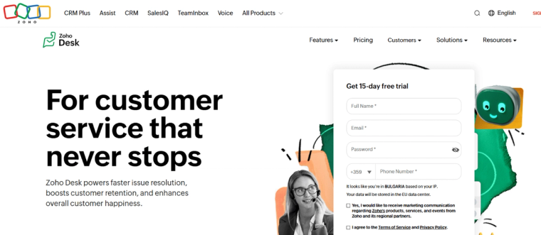 Zoho Desk Landing page