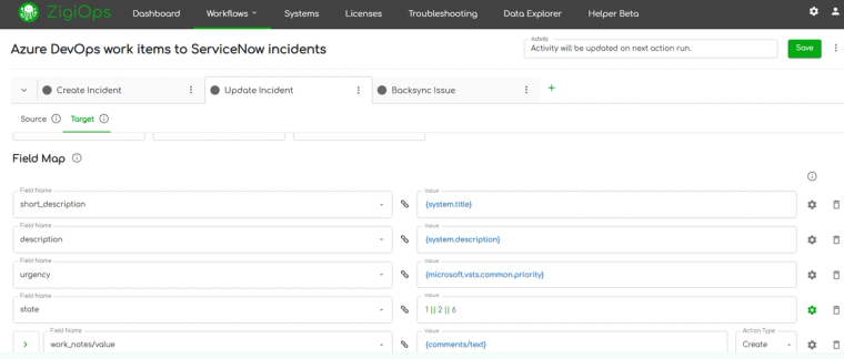 ZigiOps UI - Azure DevOps ServiceNow integration conditional mapping