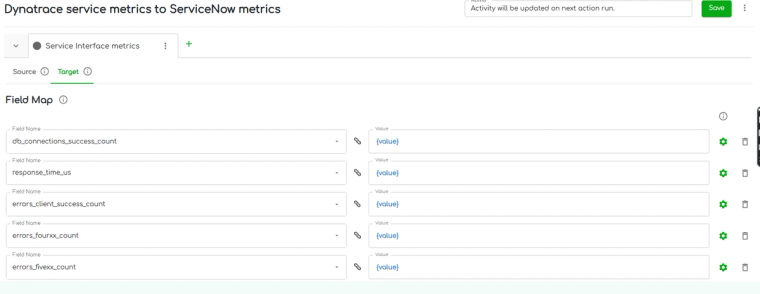 ZigiOps field mapping UI showing Dynatrace severity level being conditionally mapped to ServiceNow urgency values
