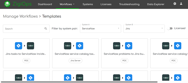 ZigiOps guided UI showing step-by-step integration configuration with field mapping interface
