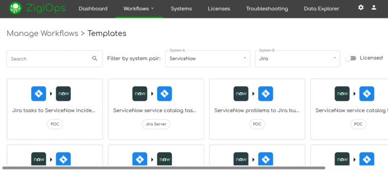 ZigiOps guided UI showing step-by-step integration configuration with field mapping interface