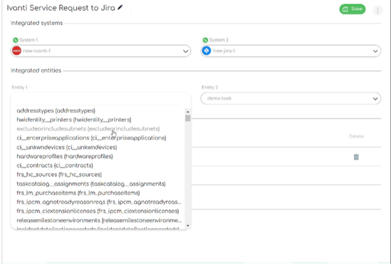Ivanti to Jira integration in ZigiOps: the integrated entities menu drop-down