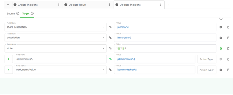 Screenshot of the mapping fields of ZigiOps’ Jira to ServiceNow integration