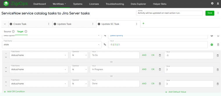 ZigiOps conditional mapping between Jira status and ServiceNow state.