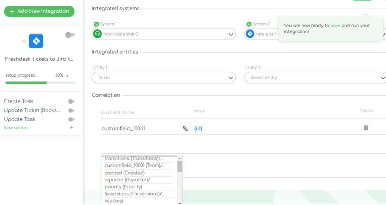 Snapshot of ZigiOps Freshdesk Jira integration template showing the correlation fields available