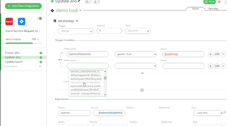 Close up screenshot of the Ivanti to Jira integration template: updating jira –trigger conditions field names
