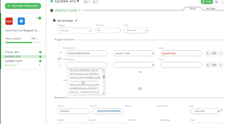 Close up screenshot of the Ivanti to Jira integration template: updating jira –trigger conditions field names