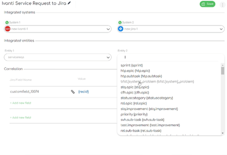 Close up screenshot of the Ivanti to Jira integration in ZigiOps: the Jira entities field menu